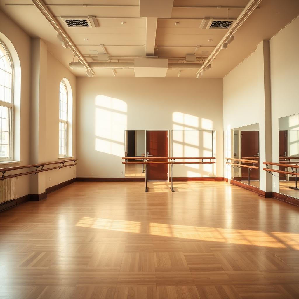 Interior of the Forever Elite Dance Co. studio with wooden floors, mirrors, and a ballet barre